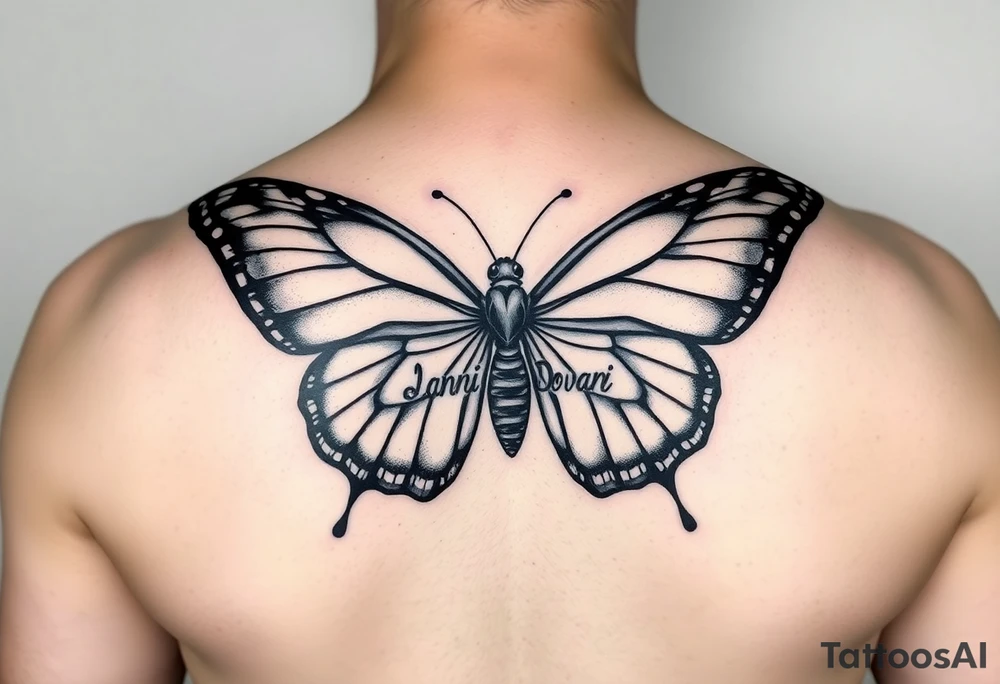 Butterfly with names Damani and Donovan made with the shape of the wingspan and the body of the Butterfly shaped with the name Dalyla tattoo idea