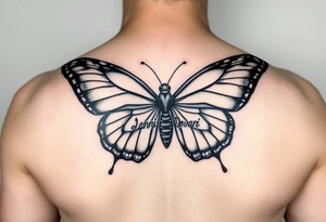 Butterfly with names Damani and Donovan made with the shape of the wingspan and the body of the Butterfly shaped with the name Dalyla tattoo idea