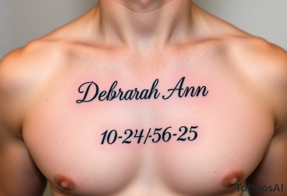 Deborah Ann in cursive in chest with 10/23/56-25 on the bottom tattoo idea