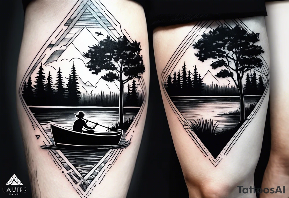 forearm tattoo set on a lake. At the bottom of the tattoo there is a boat dock with a little boy fishing and a little girl reading. There are trees surrounding the lake. tattoo idea