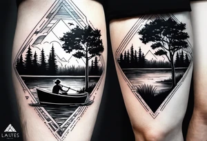 forearm tattoo set on a lake. At the bottom of the tattoo there is a boat dock with a little boy fishing and a little girl reading. There are trees surrounding the lake. tattoo idea