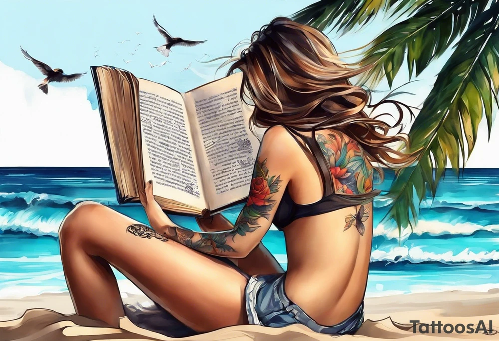 Someone is sitting on the beach reading a book and the pages are flying in the wind, the purpose of the tattoo is to emphasize that just as the pages are flying in the wind, you also have to flip through situations in life tattoo idea