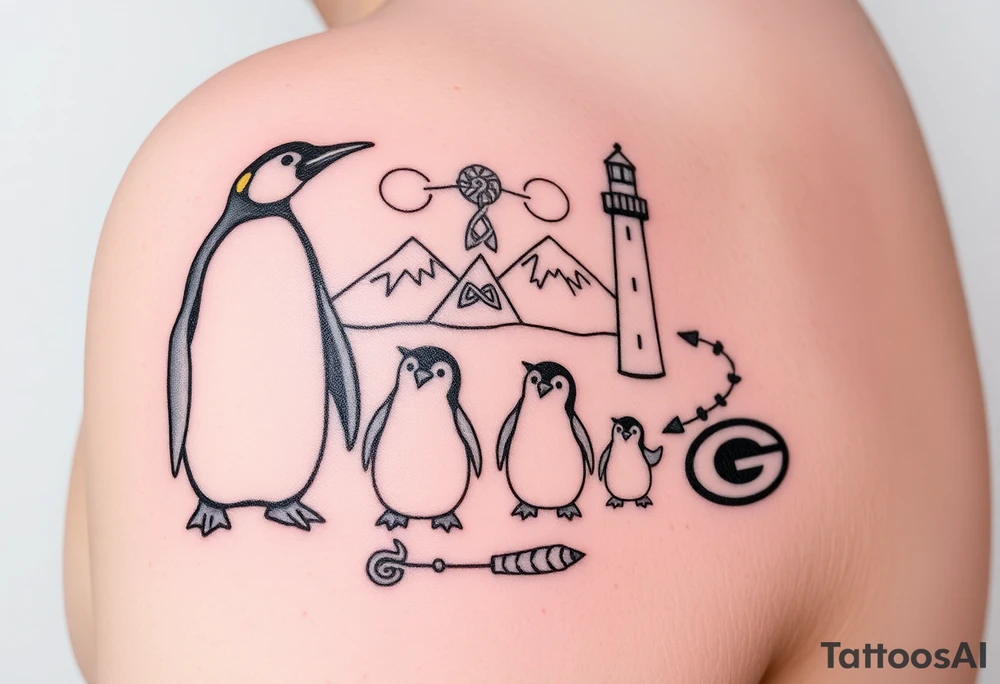 compilation outlining important things in my life such as one adult emperor penguin and 3 baby penguins, celtic trinity knot, lighthouse, mountains/nature, the green bay packers, and something to represent my 3 boys tattoo idea