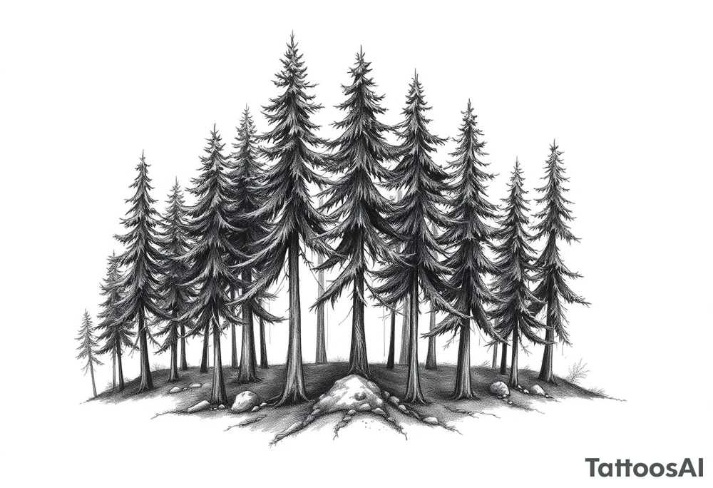 Needle forest with black and gray trees tattoo idea