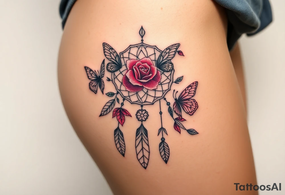 Dreamcatcher roses and butterflies tattoo idea