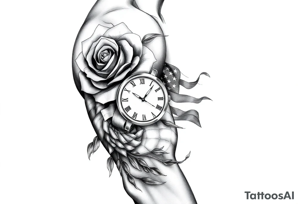 grafica realistica con una rosa, un orologio, una fenice ultra realistica e la bandiera americana tattoo idea