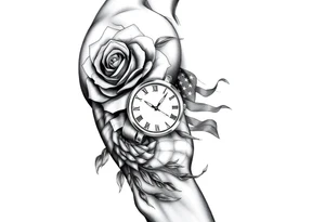 grafica realistica con una rosa, un orologio, una fenice ultra realistica e la bandiera americana tattoo idea