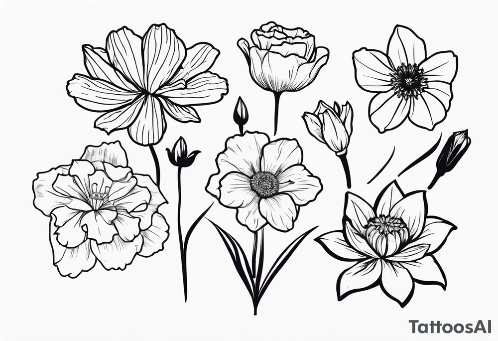 small minimal black and white tattoo of a flower bouquet that MUST include 6 DIFFERENT flowers with ONE OF EACH: a carnation, a daffodil, a lily stock, a rose, a cosmos, and a chrysanthemum. tied together with a small bow tattoo idea