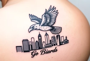 Philadelphia eagle flying over Philadelphia city skyline with Go Birds written under it tattoo idea