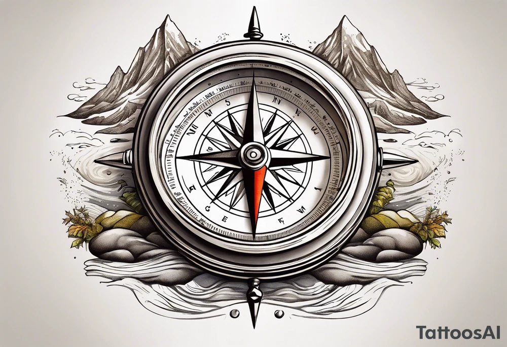 vintage compass with river falling over it tattoo idea