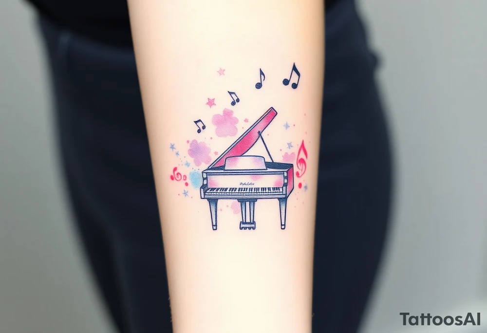 grand piano under stars and music notes pink,violet,teal color tattoo idea