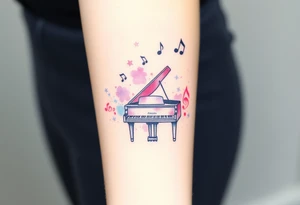 grand piano under stars and music notes pink,violet,teal color tattoo idea