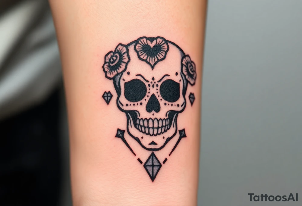 day of the dead skull with hearts and diamonds tattoo idea