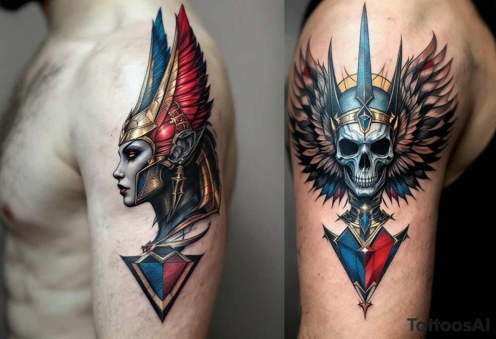 Anubis and a Guardian Angel Back to Back (only red, blue and black are possible colors) tattoo idea