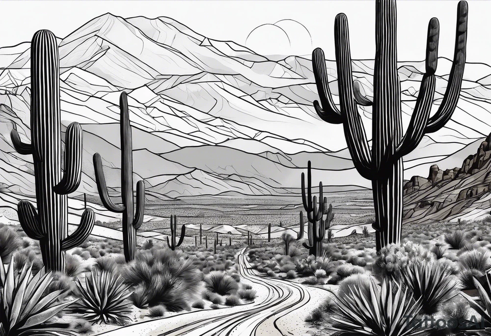 Running through desert with two cacti, road and numbers 13.1 tattoo idea