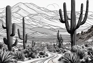 Running through desert with two cacti, road and numbers 13.1 tattoo idea