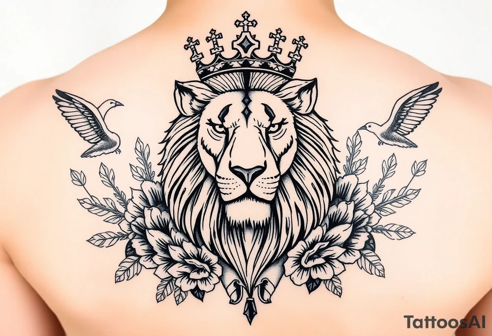 powerful majestic lion with a crown, surrounded by floral ornaments and birds tattoo idea