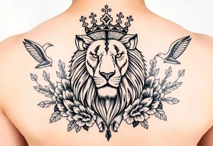 powerful majestic lion with a crown, surrounded by floral ornaments and birds tattoo idea