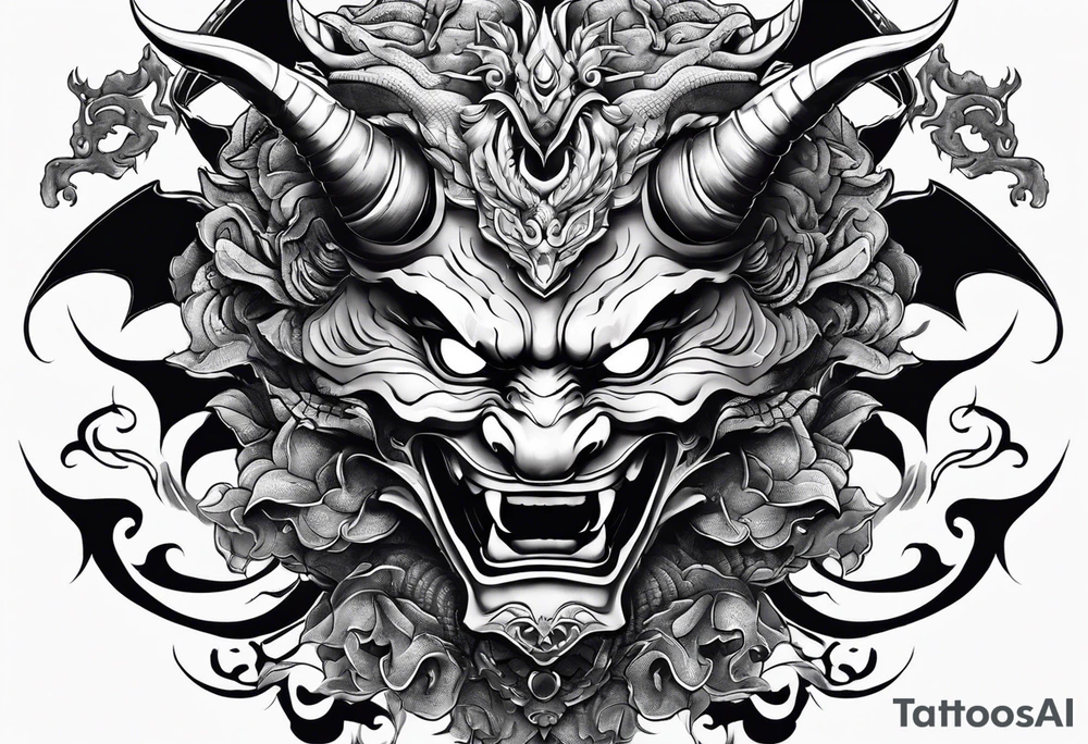 Oni mask with  adragon flying around the outside of it tattoo idea