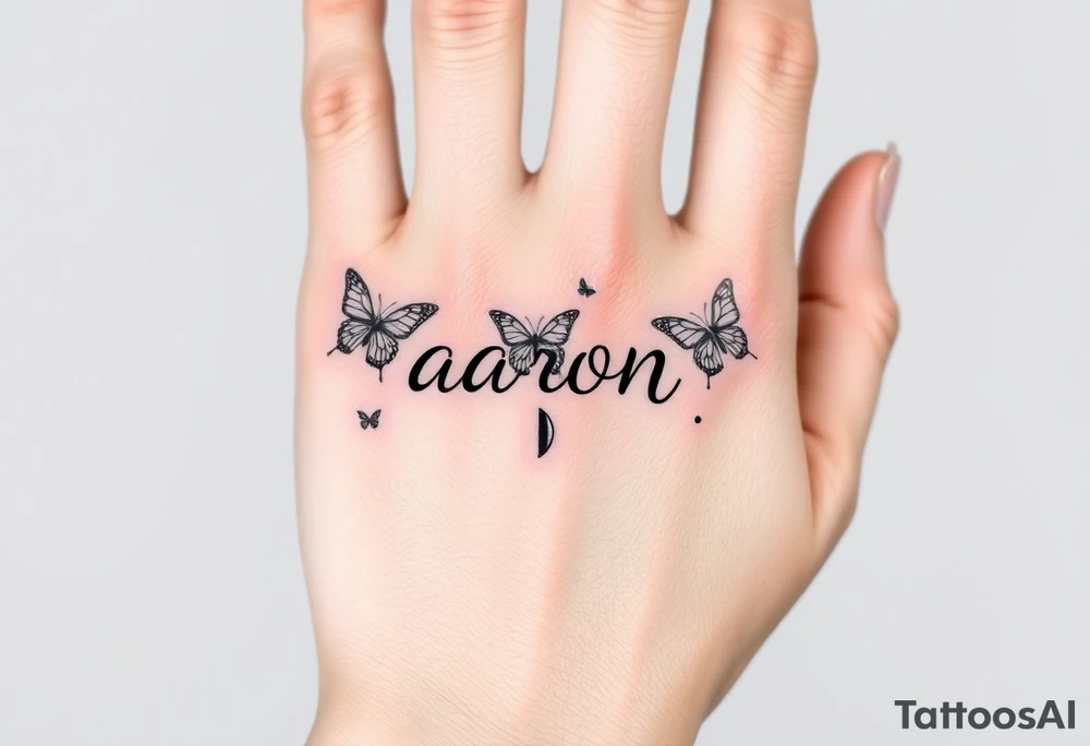 a hand tattoo with the name aaron, add some butterflies and a semicolon tattoo idea