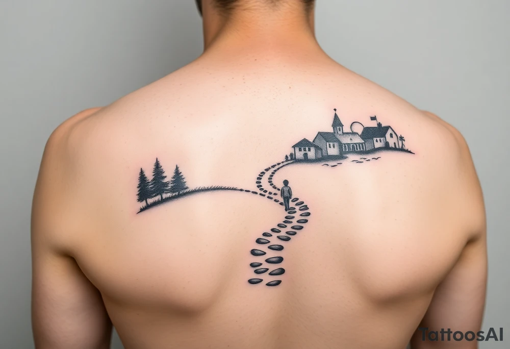 tattoo design for shoulder: path beginning in the bottom end and winding upwards. The first third starting at the bottom. On the left are a few trees and on the right side a village and a school. A child is walking the path. tattoo idea