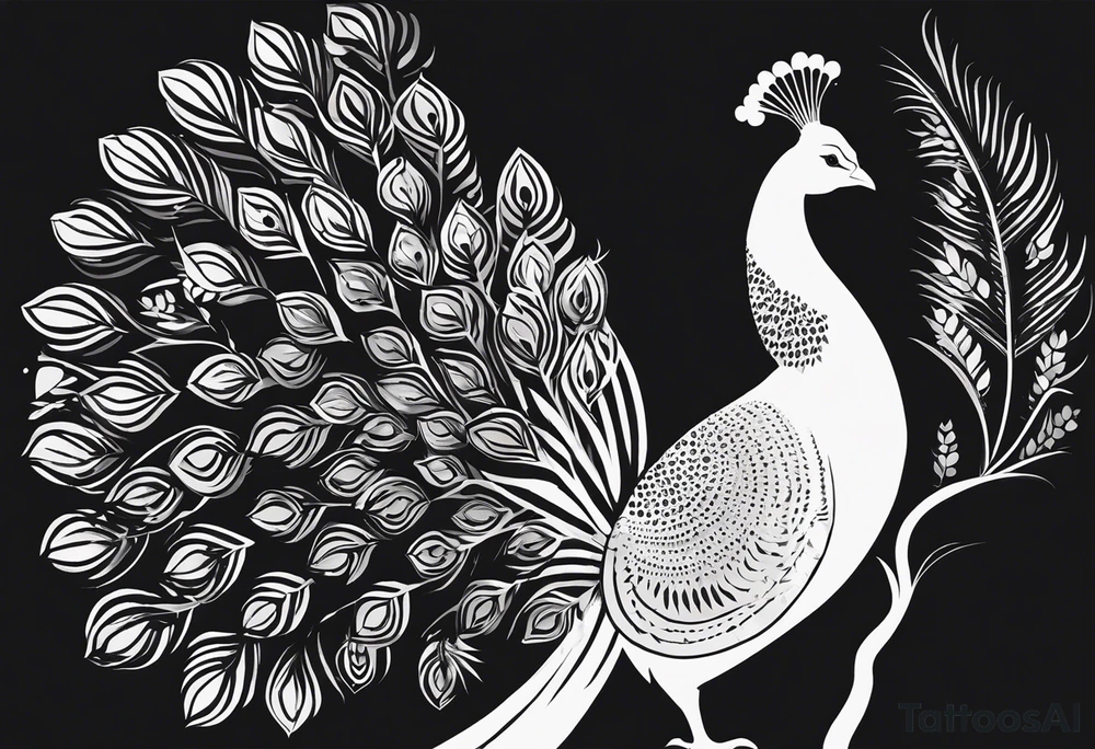 Black and white silhouette illustration of a beautiful peafowl standing gracefully on a branch. The bird’s majestic plumage is shown in a stylized, intricate design, with the tail fanned out in a sweeping arc. The silhouette captures the vivid shape of the bird’s feathers, creating a strong contrast against the minimalist background. The background is composed of simplified tree branches and abstract foliage shapes, evoking the lush forest setting while keeping the focus on the elegance of the peafowl perched delicately on the branch. tattoo idea