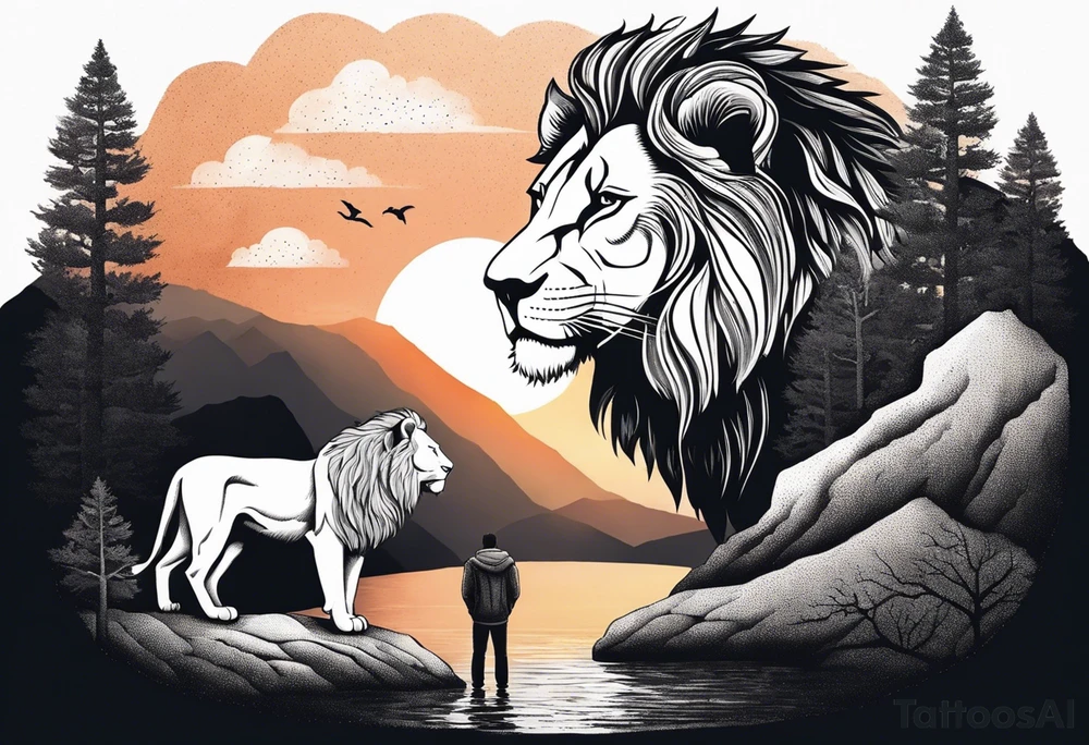 a father and son in the mountains with  a waterfall and cross in the background and a sunset designed into the shape of a lion head tattoo idea