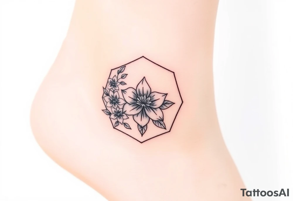 Faint Hexagon with Leo, larkspur and water lilies in the center tattoo idea