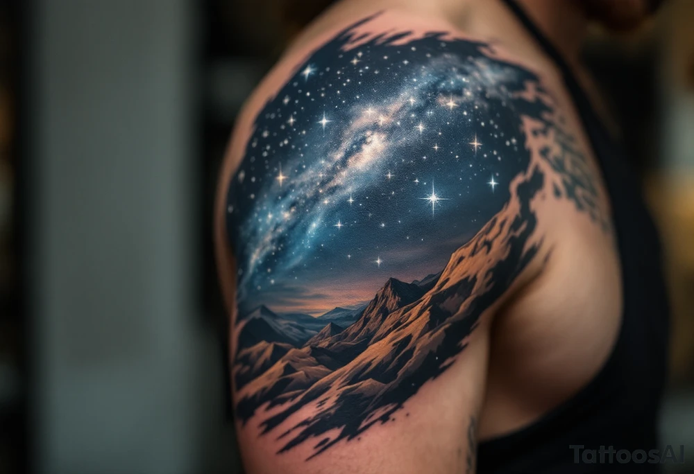 This tattoo combines “Through hardships to the stars” with silver star trails over a midnight blue sky on the upper arm. tattoo idea