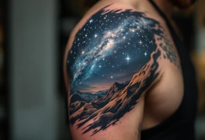 This tattoo combines “Through hardships to the stars” with silver star trails over a midnight blue sky on the upper arm. tattoo idea