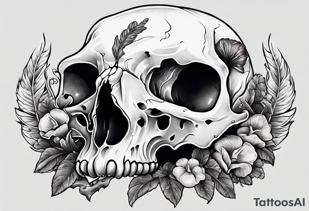 Bird skull with mushrooms and nature in the background tattoo idea