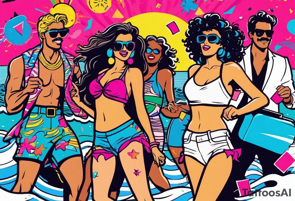 1980's miami vice style beach dance 
party, include confetti, music notes, boom box, bikinis tattoo idea