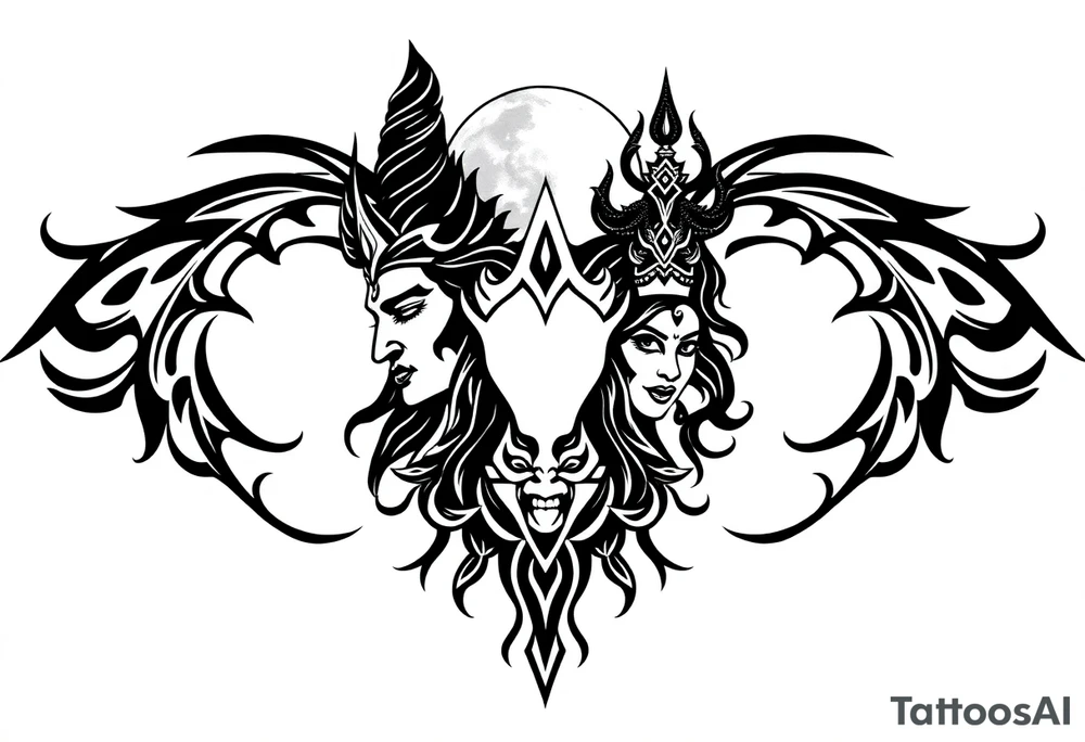 Lord Shiva, Godess Kali, Godess Lilith Together with the moon in the background tattoo idea