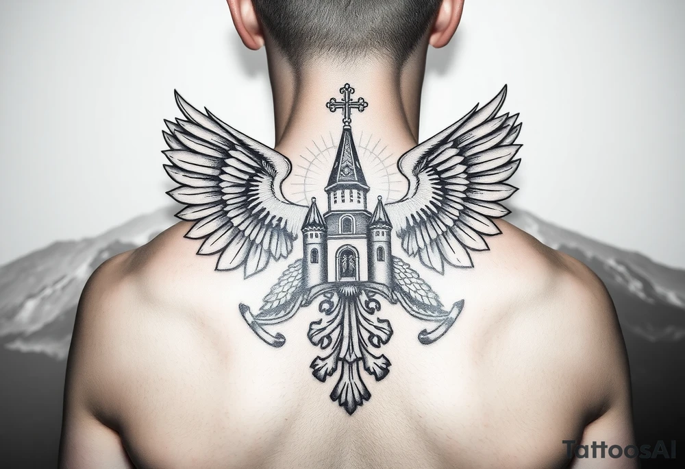 an actual russian coat of arms with both heads visible & wings spanning out on my back neck across on to my shoulders / traps with a orthodox christian church being visible in a mountainous sun beaming setting, with the russian orthodox cross spire of the orthodox church being visible on my neck with a sun beaming in the background that the cross sits inside tattoo idea