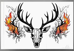 Scary side profile of a DECAYING deer skull JUST BONE surrounded by a flames and trees tattoo idea