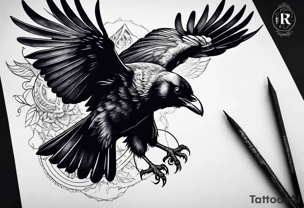 A flying raven on the chest tattoo idea