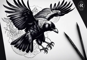 A flying raven on the chest tattoo idea