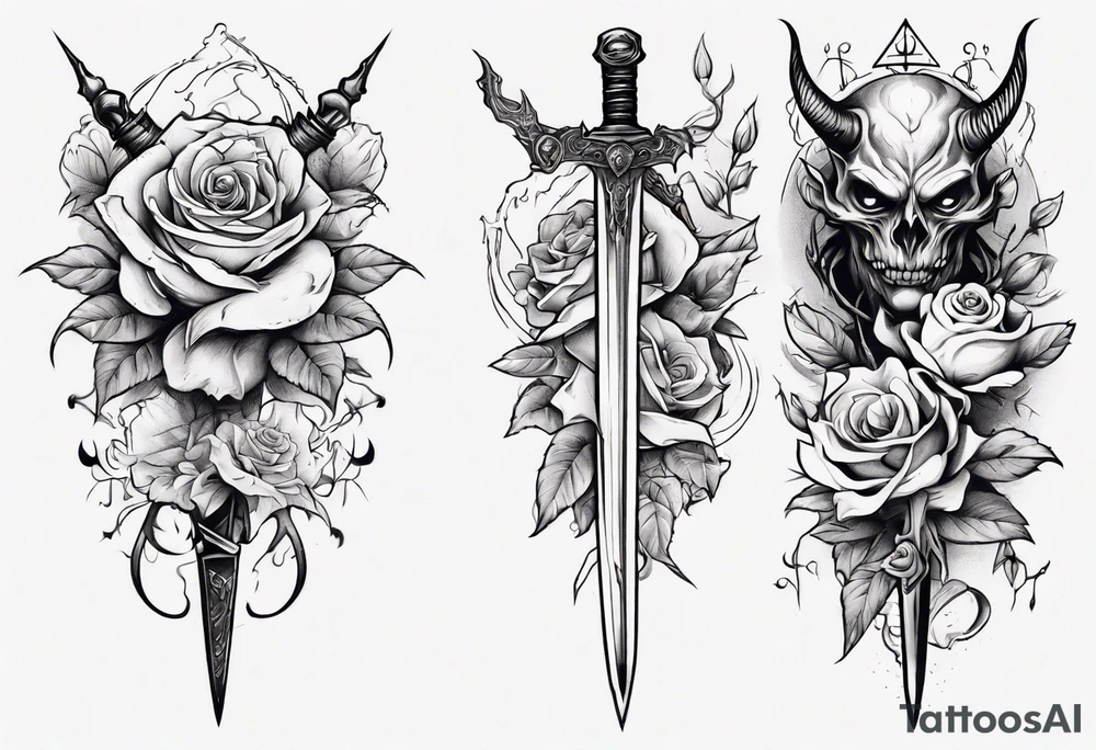 Demon with roses and sword tattoo idea
