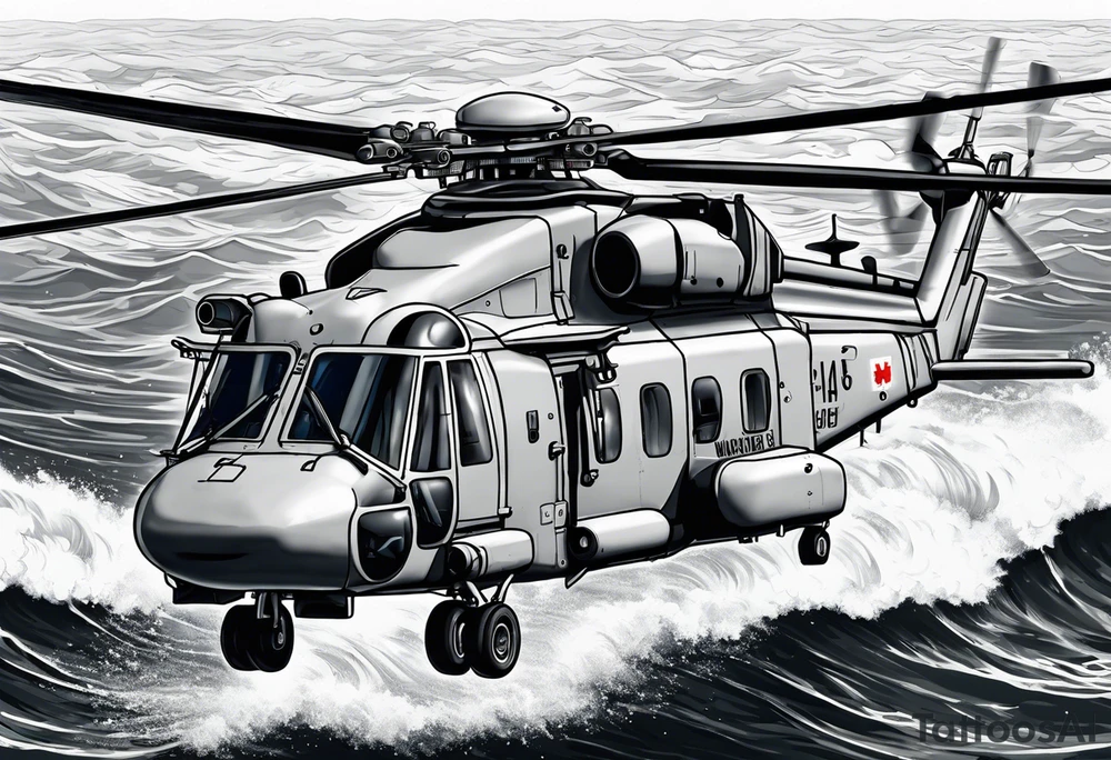 canadian military grey helicopter cyclone CH-148, a helicopter flying over rough sea, military art, ocean specular, highly detailed background, detailed 4 k drawing tattoo idea