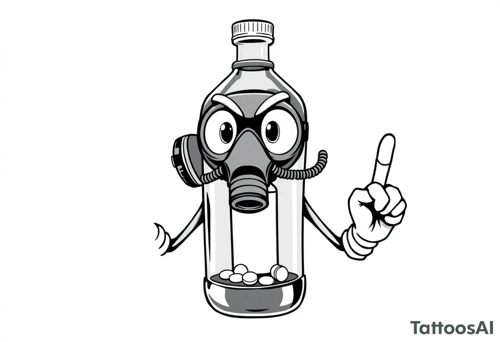 A caricature 2 liter bottle with bulging cartoon eyes and a gas mask on where it’s mouth and nose are supposed to be. Inside the bottle is a lithium battery,and pseudoephedrine tablets, along with a liquid. It has cartoon stick arms with big white gloves one had is holding up his middle finger. tattoo idea