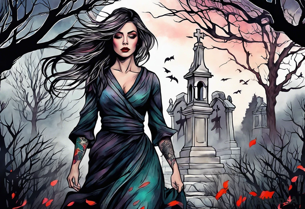 Courageous Woman with a tear running down her face walking out of a graveyard  leaving her old terrifying, scary, violent past behind her ethereal and mysterious tattoo idea