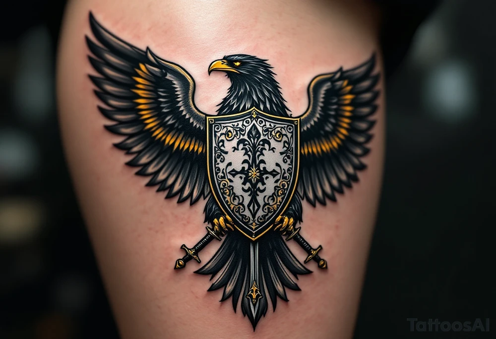 A fierce black eagle with golden grown clutching a silver shield with traditional Silesian patterns, crossed by two ornate medieval swords. The eagle’s eyes glow in deep amber, symbolizing vigilance and protection. tattoo idea