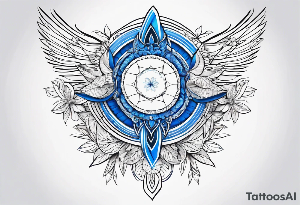 Linear minimalistic metatron , with abstract floral patern in blue linear design tattoo idea