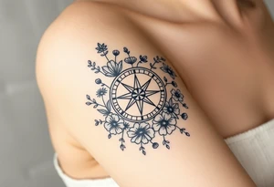 Abstract Compass surrounded with wild flowers tattoo idea
