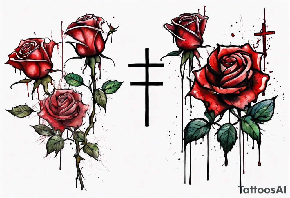 rose flower, one line, red blood dripping from the flower, tall, watercolor, with a Christian cross entangled by the stem tattoo idea