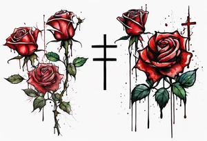 rose flower, one line, red blood dripping from the flower, tall, watercolor, with a Christian cross entangled by the stem tattoo idea