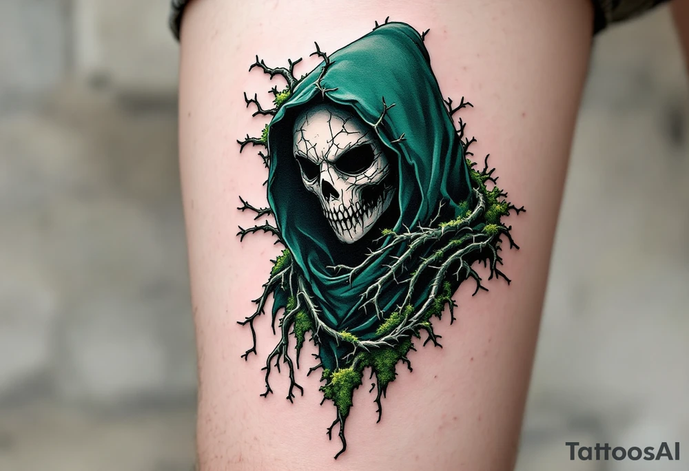 Plague Doctor with Thorned Vines – A mysterious plague doctor with tipical mask cloaked in dark green and black, with thorny vines creeping over the robe and mask, symbolizing death and rebirth. The mask is cracked, with moss growing in its crevices. tattoo idea