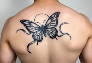 ethereal butterfly with flowing silk ribbons in moonlight with panther tattoo idea