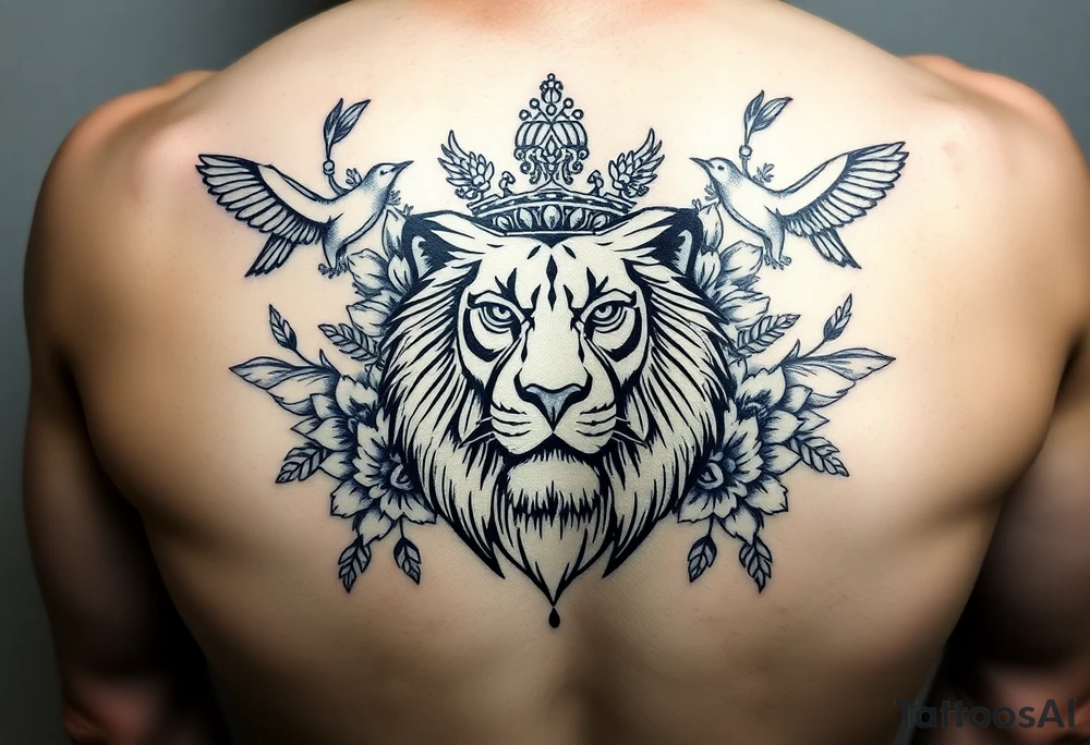 powerful majestic lion with a crown, surrounded by floral ornaments and birds tattoo idea