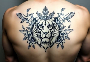 powerful majestic lion with a crown, surrounded by floral ornaments and birds tattoo idea
